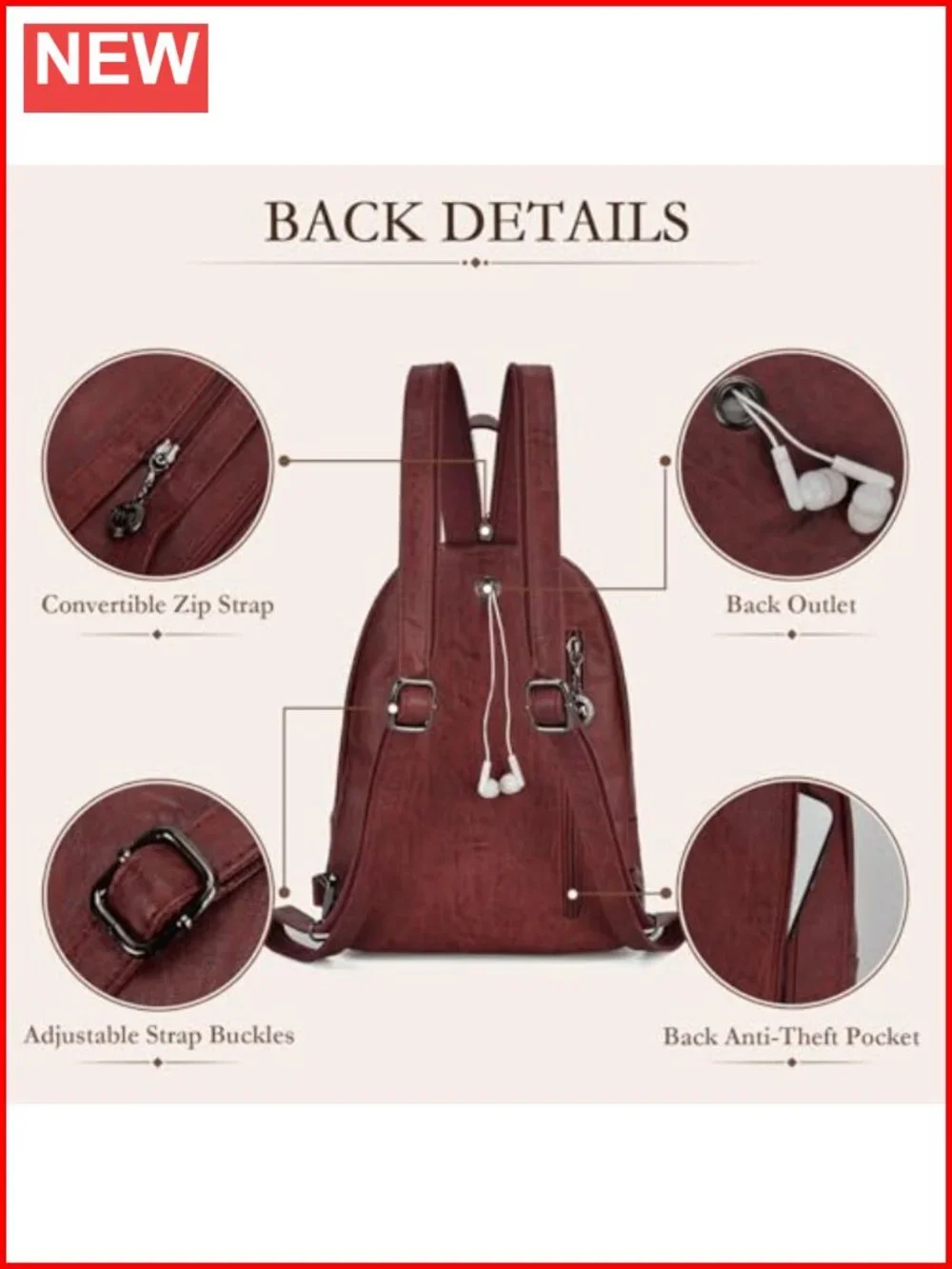 Convertible Sling Backpack Purse for Women, Soft Faux Leather, 3-Way Carry,